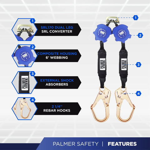 Slick Moving Six Foot Lightweight Technical Self Retracting Lifeline With Tough As Nails Rebar Anchors And Double Jaw Swivel Hooks, features shown: dual leg SRL converter, 6' webbing, shock absorbers, rebar hooks.
