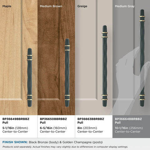 Contemporary Cabinet Pull In Black Bronze And Golden Champagne Finish With Twelve And One Half Inch Overall Length And Ten And One Sixteenth Inch Center To Center Mounting Holes London Style Drawer Pull For Cabinets And Furniture And Doors One Pack on medium gray surface.