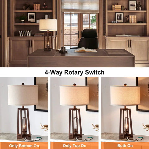 All In One 26 Inch Set Of 2 Farmhouse Table Lamps With USB And USB C Ports in home office with 4-way rotary switch and lighting modes.