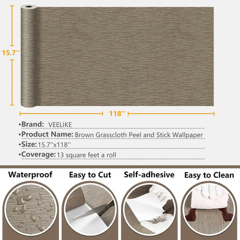 Taupe Grasscloth Wallpaper Peel And Stick 32 Inch Wide By 354 Inch Long Roll with product details and features.