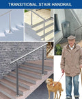 Dang Solid Two Tier Outdoor Stainless Steel Railing For Front Porch And Patio Steps With Secure Floor Mount Base Offering Custom Adjustable Height Top Shelf Deck Guardrail System Built Tough installed on various steps.