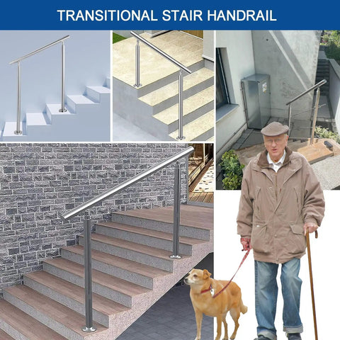 Dang Solid Two Tier Outdoor Stainless Steel Railing For Front Porch And Patio Steps With Secure Floor Mount Base Offering Custom Adjustable Height Top Shelf Deck Guardrail System Built Tough installed on various steps.