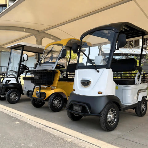 Heavy Duty 60V 800W AC Motor Mobility Scooter With 14.9 Inch Tires And Heckuva 28 Mile Range, Really Smooth Operator Electric Golf Cart For Farm Or Beach At A Slick 12 MPH Top Speed In Green, showcased in a lineup of three scooters.