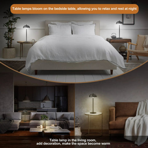 Cordless Table Lamp With 5200mAh Battery, LED Portable Touch Desk Light, shown in bedroom and living room settings