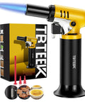 Slick Butane Torch With Clear Fuel Gauge And Adjustable Flame For Dead Simple One Hand Kitchen Cooking And Sick Flames Backyard Grilling Creme Brulee Finish Plus Craft Soldering Gear, yellow and black design, with flame.