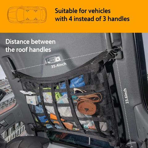 Overhead Car Cargo Net With 3 Pockets For Extra Roof Storage On Road Trips And Camping Durable Mesh Organizer Fits SUV Truck Or Vans