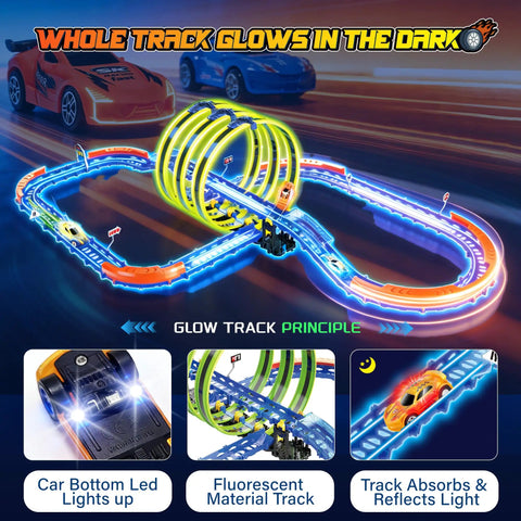 Slot Car Race Track Set With Glow In The Dark Tracks, 71 Pieces, USB Rechargeable Light Up Car, 360 Degree Triple Loops.