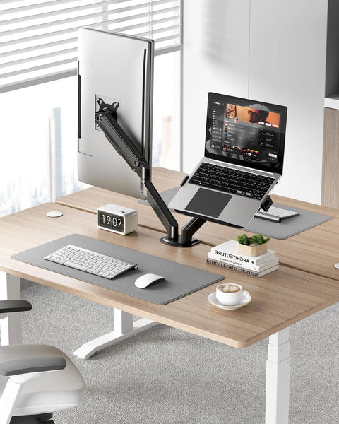 Built Tough Heavy Duty Dual Monitor Arm Stand With Full Motion Adjustment Fits 17 To 32 Inch Screens Supports 20 Lbs Per Arm zero sagging steel frame in an ergonomic desk setup.