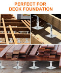 Heavy Duty Adjustable Support Jack Set For Decks And Floor Joists Two Pack Mini Screw Pedestals shown under wooden beams for stabilization.