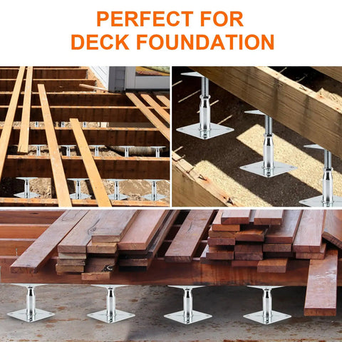 Heavy Duty Adjustable Support Jack Set For Decks And Floor Joists Two Pack Mini Screw Pedestals shown under wooden beams for stabilization.