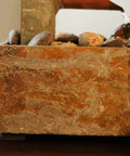 Spillway Rustic Indoor Tabletop Water Fountain With Slate And Copper Finish, detail of slate texture and stones with cactus