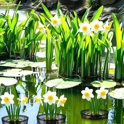 4 Pack Foldable Pond Plant Bags For Hyacinths And Lilies floating in a home backyard pond, showcasing porous root barrier design.