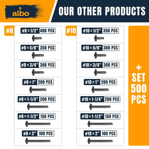 Image displaying various sizes of Pro Grade Black Stainless Steel Self Drilling Screws 100 Pack Size Eight By Two Inch Truss Head.