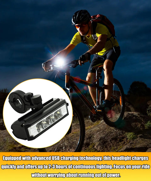 Mountain biker using Ultra Bright USB Rechargeable Bike Light with waterproof aluminum headlamp at night on rugged trail.