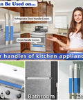 Set Of 4 Blue Fridge Door Handle Covers Wipe Down Easy Guards for kitchen handles, shown on fridge and oven, demonstrates cleaning impact.
