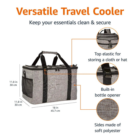 Big Capacity Soft Insulated Leak Proof Cooler Bag For On The Go Picnics And Beach Trips 50 Can Chill Keeper Reusable Portable Cooler Backpack With Ventilated Back Panel And Water Resistant Exterior Gray showing top elastic and bottle opener