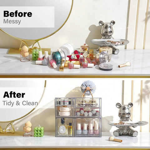 Before and after of a vanity with Clear Acrylic Makeup Drawer Organizer Set Of 2 With Six Drawers, Stackable Vanity And Desk Storage.