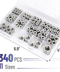 Stainless Steel Hex Nuts Assortment Kit With 340 Pieces And 11 SAE Sizes From 1/4-20 To 3/8-16 in clear storage case