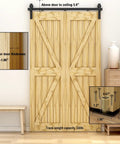 36 Inch Bi Folding Sliding Barn Door Hardware Kit With Carbon Steel Rail And Two Rollers for Closet Doors Up To 30 Inch Opening Built Tough Heavy Duty Construction shown installed on wooden doors