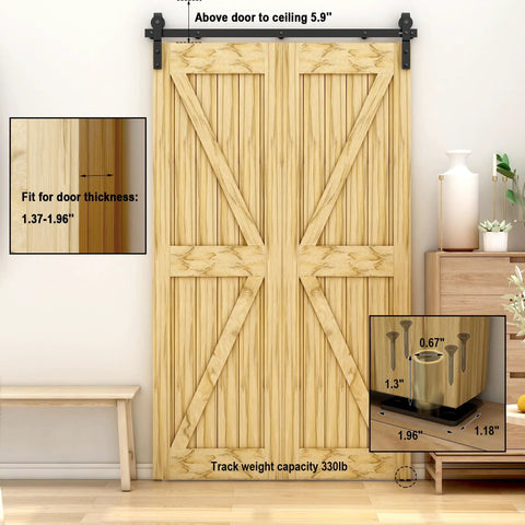 36 Inch Bi Folding Sliding Barn Door Hardware Kit With Carbon Steel Rail And Two Rollers for Closet Doors Up To 30 Inch Opening Built Tough Heavy Duty Construction shown installed on wooden doors