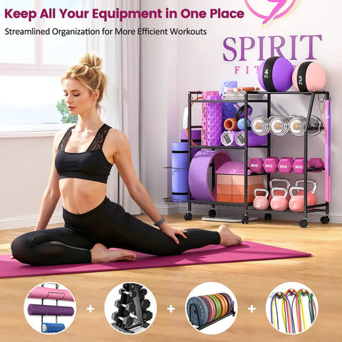 Woman doing yoga near All In One Home Gym Organizer Rack with Wheels and Hooks for Dumbbells, Kettlebells, Yoga Mats, Foam Rollers.