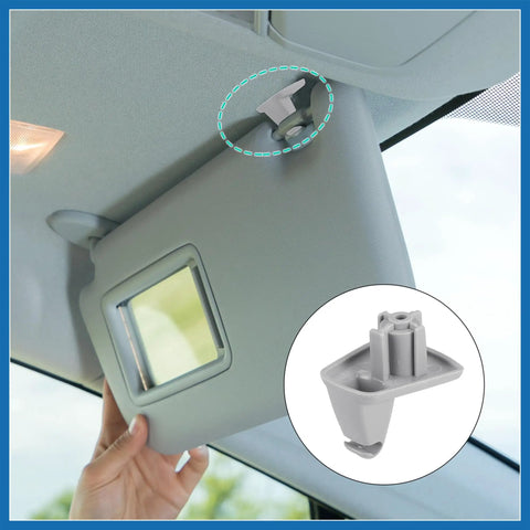 Gray Sun Visor Retainer Staples For Dodge Charger Magnum And Chrysler 300 Replacement Kit Two Pack Fits 2005 2006 2007 Models With Part Numbers 1EJ51BD1AA And 1ET511W1AA shown in use and detail