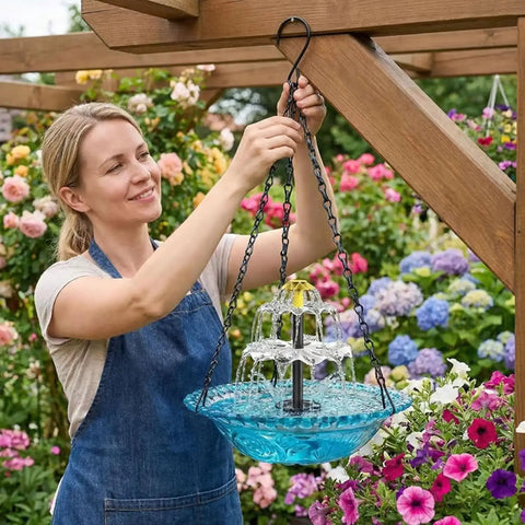 Woman installing Solar Powered Hanging Bird Bath Fountain With Cascading Water For Outdoor Gardens And Patios No Wiring Needed Eco Friendly Solar Water Feature That Attracts Birds And Adds Dynamic Garden Charm on a wooden pergola in vibrant garden