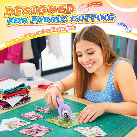 Woman using a pink Rotary Cutter For Fabric With 45mm Blades And 5 Extra Replacement Blades, fabric pieces on table.