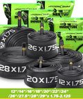 Multiple sizes of bike tubes and packaging, centered on 26x1.75 butyl tubes with 35mm Schrader valve, for various bicycle types.