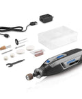 Grab And Go Cordless Rotary Tool Kit With 4V Battery Power And Variable Speed Up To 25000 RPM Ideal For Hassle Free DIY Crafts And Precision Carving Includes Ten Nifty Attachments And Smooth Keyless Chuck For Fast Tweaks, including tool, battery, and accessories.