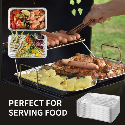 40 Pack Disposable Aluminum Broiler Pans used for grilling in oven, stack of thick aluminum foil trays, ideal for BBQ and meal prep
