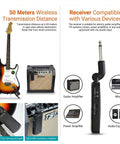 Diagram showing 5.8GHz Wireless Guitar System With Ultra Low Latency For Live Gigs, 50 Meter Range, 6 Hour Battery Life, Four Channel Performance