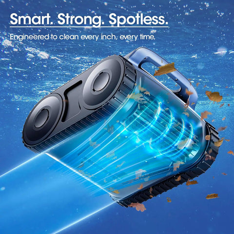 Close-up of Cordless Robotic Pool Vacuum With Track Drive And Sonar Navigation 180W Brushless Motor in action underwater