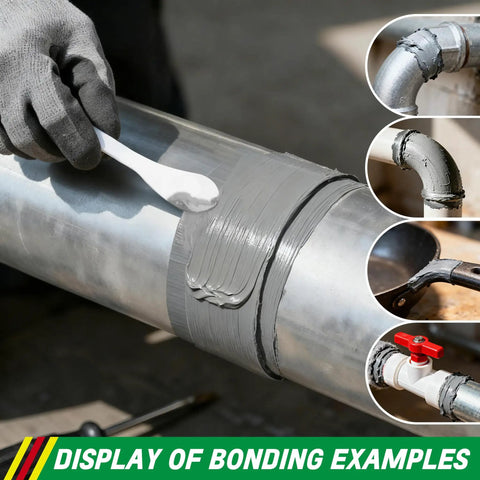 Ultra Tough Metal Epoxy Adhesive For All Metals And Surfaces Waterproof Quick Set Bond shown on pipes and metal surfaces