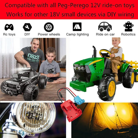 Ride On Toy Battery Converter Adapter For 18V M18 Style Batteries with Peg Perego compatibility shown with kids' cars and trikes