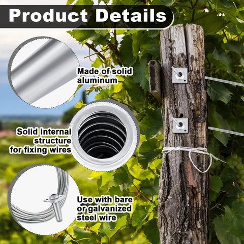 Pro Grade Anchor Vise Set for 8 to 11 Gauge Wire showing aluminum construction and installation on wooden post in vineyard.