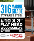 Marine Grade 316 Stainless Steel Wood Screws Size 10 By 3 Inch With Torx T25 Drive 350 Pack Includes Driver Bit