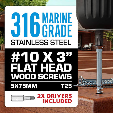 Marine Grade 316 Stainless Steel Wood Screws Size 10 By 3 Inch With Torx T25 Drive 350 Pack Includes Driver Bit