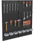 Black Plastic Pegboard Wall Organizer Panels, 4 Pack of 17.5x17.5 Inches with tools hung and stored in shed or workshop setup