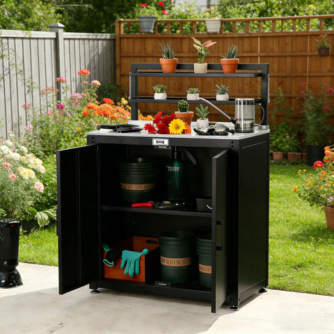 Outdoor Potting Bench With Storage Cabinet And Stainless Steel Work Surface Garden Workstation on patio