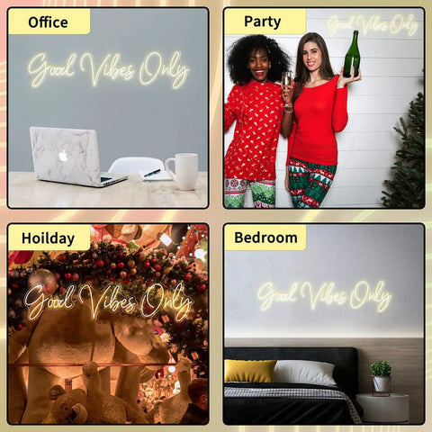 Good Vibes Only Neon Sign For Walls Large LED Neon Light in different settings: office, party, holiday, bedroom decor.