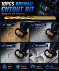 Heavy Hitter Titanium Nitride Coated Hss Rotary Tool Bits For Drywall Sheetrock And Plywood With Precision Sabre Tip For No Mess Outlet Box Trimming And Ceiling Tile Projects Rock Solid 100 Piece Set, showing cutout bits for drywall and wood.