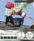 Lightweight Pneumatic Roofing Nailer Designed For Tight Roofs And Daily Grind drives 15 degree coil nails 7/8 to 1-3/4 inch on a roof.