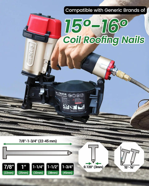 Lightweight Pneumatic Roofing Nailer Designed For Tight Roofs And Daily Grind drives 15 degree coil nails 7/8 to 1-3/4 inch on a roof.