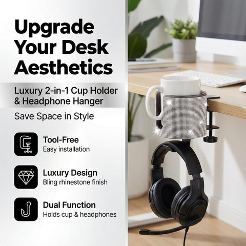 2 In 1 Desk Cup Holder And Headphone Hanger With Bling Bling Crystal Diamond Acrylic Design for modern desk setup.