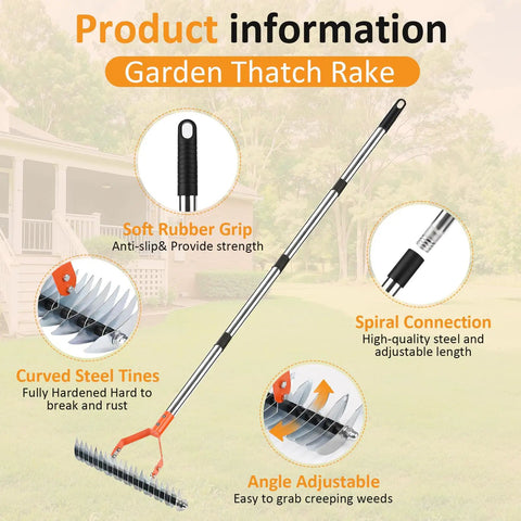 Heavy Duty Thatch Rake With Adjustable Handle 15 Inch Dethatcher Rake For Lawn Garden And Yard Cleanup Strong Steel Construction