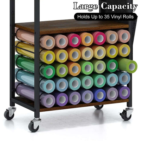Mobile Craft Cart Organizer With Wheels For Cutting Tools Machines Vinyl Rolls And Heat Press Stand close-up showing 35 vinyl rolls storage