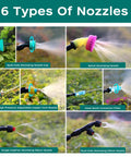 Six mist nozzles for Battery Powered Garden Sprayer 2 Gallon Electric Sprayer with USB Rechargeable Battery, showing different water sprays.