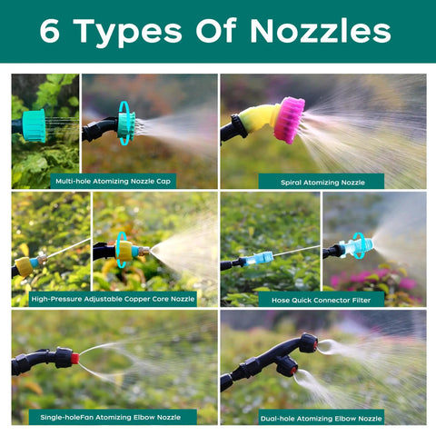 Six mist nozzles for Battery Powered Garden Sprayer 2 Gallon Electric Sprayer with USB Rechargeable Battery, showing different water sprays.