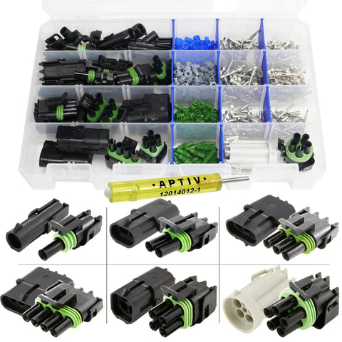 Super Durable 373 Piece Weatherpack Connector Kit With Removal Tool Male Female Terms And Housings In 1 To 5 Pin Configs For 20 Amp Wires 10 20 Gage Perfect For Any Auto Repair Job. 373-piece kit with housings, terminals, and removal tool
